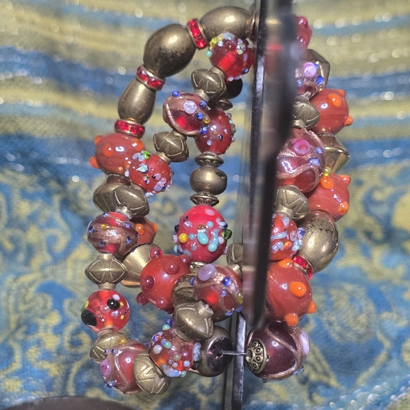 Artisan Red and Golden Brass Glass Bead Stretch Bracelet Set - Picture 2 of 3